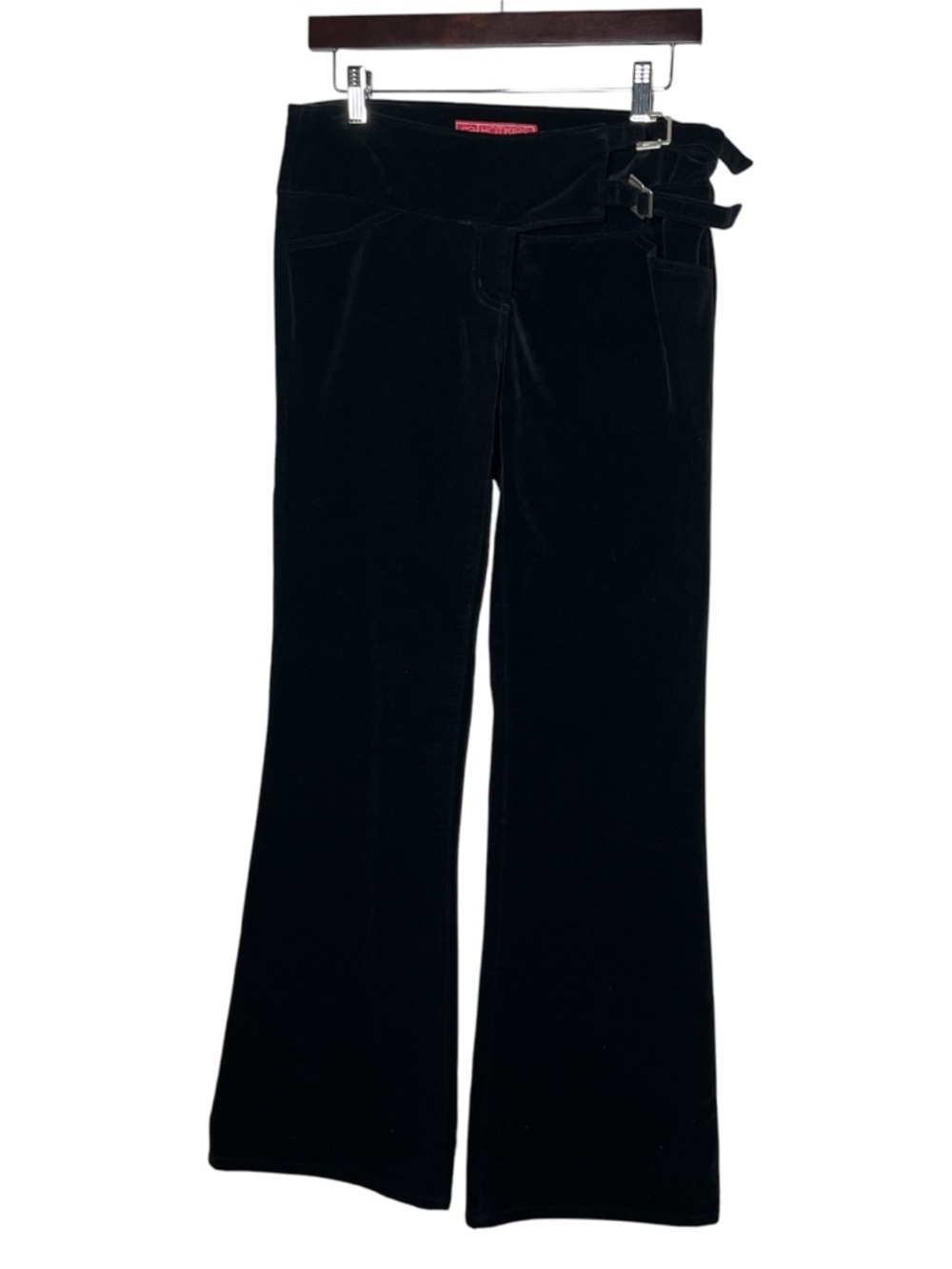 Y2K Vintage Hot Kiss Black Velvet Mid Rise Belted Flare Pants Whimsigoth